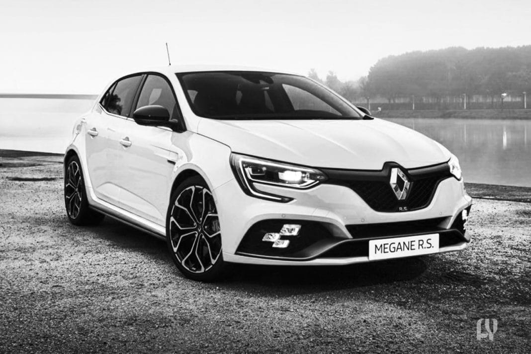 Renault Megane RS 300 Trophy speeding on a racetrack.